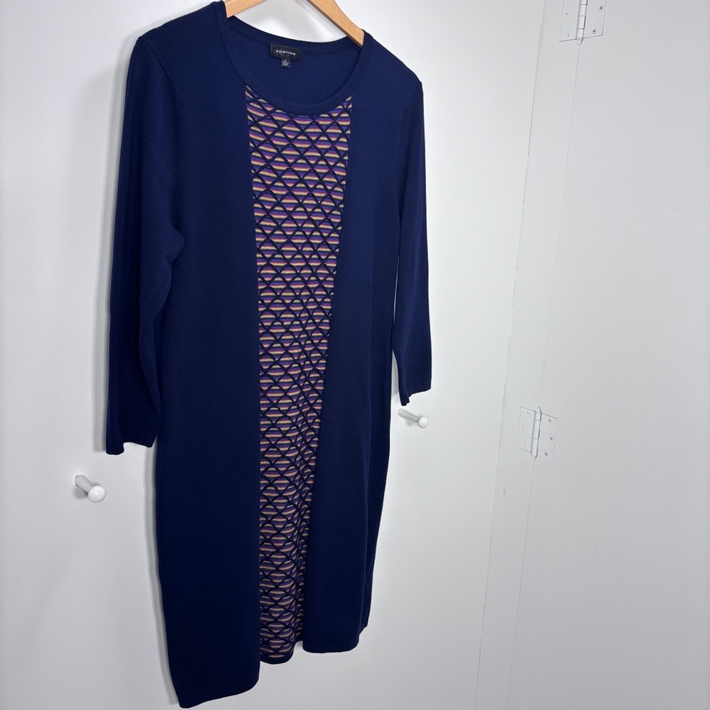Spense Women's Long Sleeve Knit Dress Navy Blue With Geometric Print